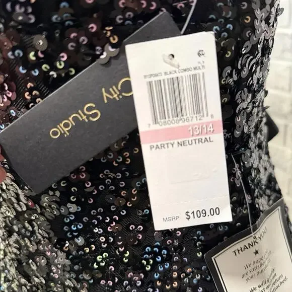 City Studio Fit And Flare Black Sequin Mini‎ Dress Sz 13/14 New With Tags